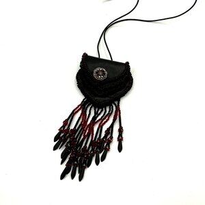 Glass Beaded Black and Red Leather Pouch Drawstring handle